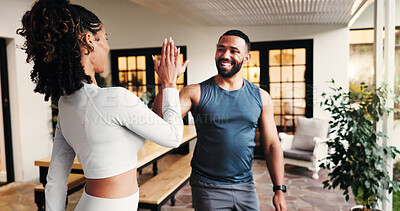 Buy stock photo Couple, happy and exercise in home, high five or support with smile for training, motivation and workout. People, man and woman with celebration for fitness, success and cheers for goals at apartment