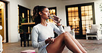 Home, relax and woman with fitness, drinking water and wellness with routine, break and exercise. Calm, apartment or happy person with liquid, natural hydration or training with body workout or detox
