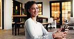 Home, portrait and woman with exercise, water bottle and smile with routine, relax and wellness. Face, fitness and happy person with liquid, break and training with body workout and hydration detox