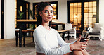 Home, portrait and woman with fitness, water bottle and smile with routine, relax and exercise. Face, apartment and happy person with liquid, break and training with body workout, calm and wellness