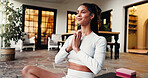 Self awareness, woman and meditation for peace, house and mindfulness in morning, spiritual and zen. Calm, person and routine for wellness, chakra and healing of soul, apartment or namaste for aura