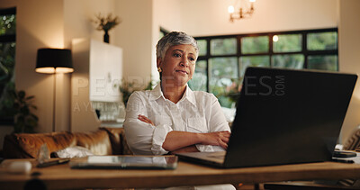 Buy stock photo Senior woman, reading and laptop at house for application, budget and finance report at night. Elderly person, online and feedback for bank loan, retirement funding and deadline for expenses payment
