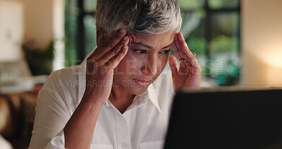 Buy stock photo Mature woman, laptop and night with headache for overworked, stress or eye strain at home. Female person, freelancer or remote work with migraine in late evening on computer for fail or mistake