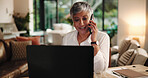 Mature woman, phone call and laptop with remote work from home, discussion or networking for deal. Person, smartphone and happy with pc for contact, listen and goals for freelance career at house