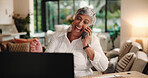 Mature woman, phone call and celebration with remote work from home, excited or success with deal. Person, smartphone and happy with pc for cheers, fist pump and goals for freelance career at house