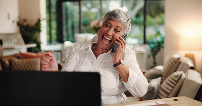 Buy stock photo Mature woman, phone call and celebration with remote work from home, excited or success with deal. Person, smartphone and happy with PC for cheering, fist pump and goals for freelance career at house