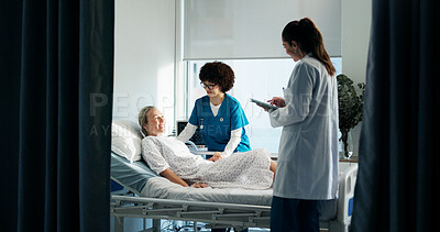 Buy stock photo Happy, medical team and patient in bed for healthcare, recovery and surgery feedback in consultation. Woman, doctor or nurse in hospital for treatment advice, technology or smile for friendly service