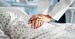 Holding hands, doctor and ill patient on bed in hospital for healthcare service, support and trust. Chronic disease, caregiver or person with sickness at clinic for help, empathy or comfort in ward