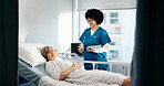 Smile, nurse and tablet with woman in bed for good news, medical report and surgery feedback. Person, consultation and digital with patient for recovery, treatment progress and results from operation
