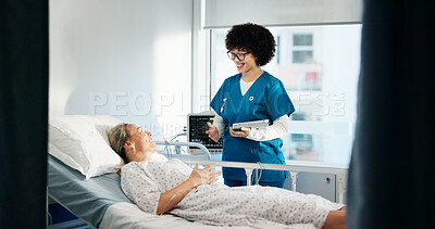 Buy stock photo Smile, nurse and tablet with woman in bed for good news, medical report and surgery feedback. Person, consultation and digital with patient for recovery, treatment progress and results from operation