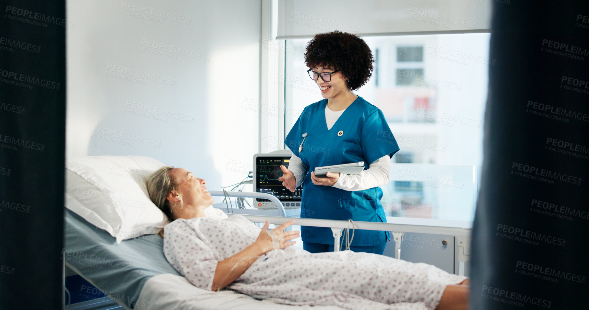 Buy stock photo Smile, nurse and tablet with woman in bed for good news, medical report and surgery feedback. Person, consultation and digital with patient for recovery, treatment progress and results from operation