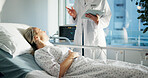 Hospital bed, healthcare and woman with doctor for consultation with tablet for treatment plan. Digital technology, medical checkup and female patient with surgeon for diagnosis in clinical ward.