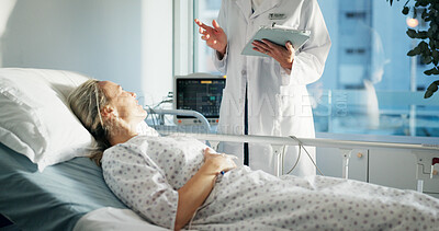 Buy stock photo Hospital bed, healthcare and woman with doctor for consultation with tablet for treatment plan. Digital technology, medical checkup and female patient with surgeon for diagnosis in clinical ward.