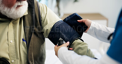Buy stock photo Hands, old man and nurse with blood pressure test in clinic for hypertension, heart rate and exam. Assessment, people and medical checkup with senior patient for cardiovascular health and treatment