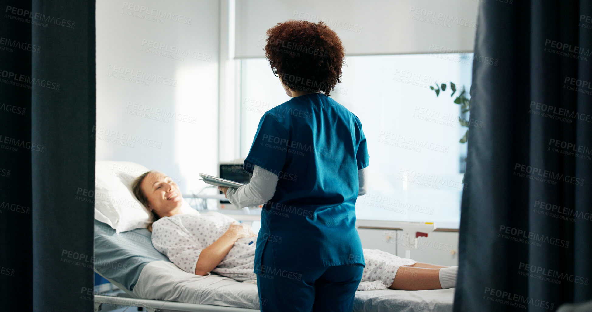 Buy stock photo Nurse, tablet and checkup of woman in bed for healing, medical report and surgery feedback. Person, consultation and digital with patient for recovery, treatment progress and results from operation
