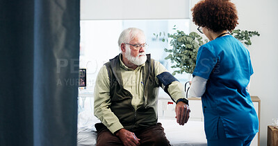Buy stock photo Nurse, old man and blood pressure test in hospital for hypertension, healthcare checkup and exam. Assessment, woman and monitor heart wellness of senior patient for cardiovascular health in clinic