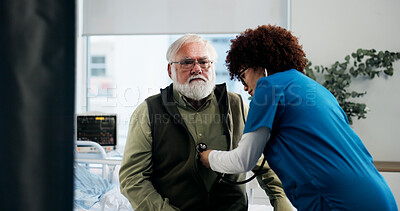 Buy stock photo Heart, nurse or old man in hospital, healthcare or cardiology with consultation. Checkup, senior patient or medical service with professional, lung disease or listening with appointment in clinic