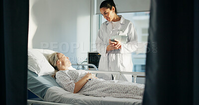 Buy stock photo Hospital bed, medical checkup and woman with doctor for feedback on treatment procedure. Discussion, consultation and female patient with surgeon for advice on recovery of surgery in clinical ward.