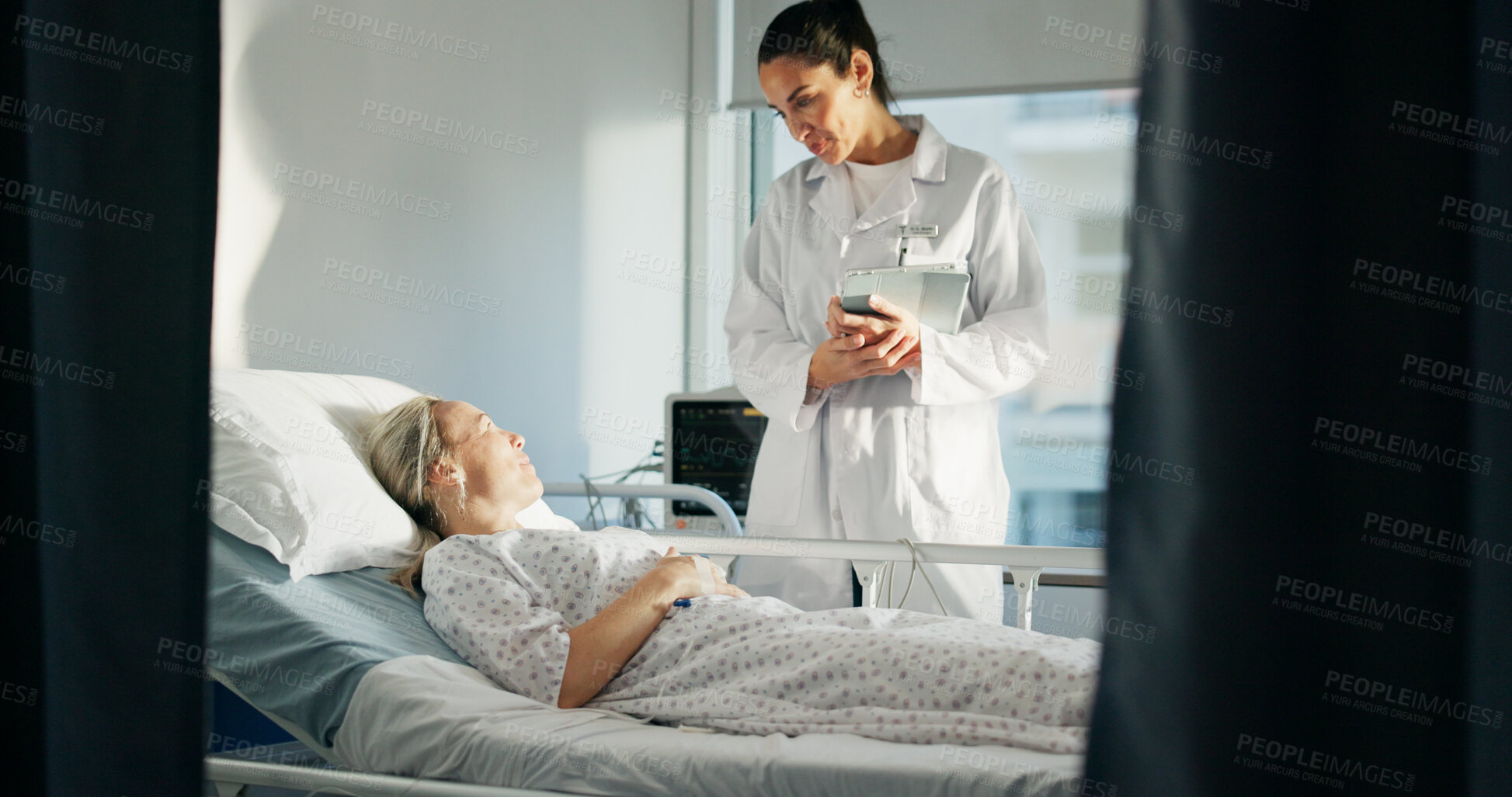 Buy stock photo Hospital bed, medical checkup and woman with doctor for feedback on treatment procedure. Discussion, consultation and female patient with surgeon for advice on recovery of surgery in clinical ward.
