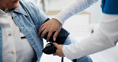 Buy stock photo Hands, old woman and nurse with blood pressure test in clinic for hypertension, checkup or exam. Assessment, people and monitor heart wellness of senior patient for cardiovascular health or diagnosis