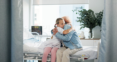 Buy stock photo Hug, love and grandmother with child in hospital for support, pediatric patient and healthcare. Medical, empathy and icu recovery with senior person and kid in clinic bed for family comfort and trust