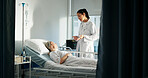 Hospital bed, medical and woman with doctor for consultation with tablet for treatment plan. Digital technology, healthcare checkup and female patient with surgeon for diagnosis in clinical ward.