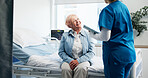 Consultation, hospital and nurse with senior woman for healthcare support, help or discussion. Tablet, checkup and medical worker with elderly female patient for diagnosis and treatment in clinic.