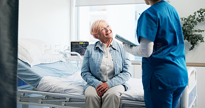 Buy stock photo Consultation, hospital and nurse with senior woman for healthcare support, help or discussion. Tablet, checkup and medical worker with elderly female patient for diagnosis and treatment in clinic.