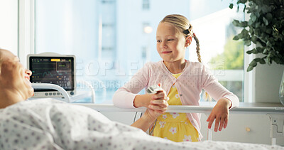 Buy stock photo Mother, child and holding hands in hospital bed for support, care or hope for medical recovery. Clinic, smile and kid comfort sick mom for healthcare, empathy and sympathy after surgery with healing