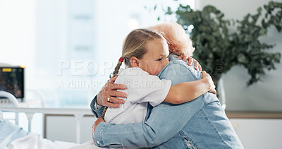 Buy stock photo Hug, support and grandmother with child in hospital for healthcare, pediatric patient and love. Medical, empathy and icu recovery with senior person and kid in clinic bed for family comfort and trust