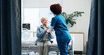 Checkup, hospital and nurse with senior woman for healthcare support, help or discussion. Nursing, consultation and medical worker with elderly female patient for diagnosis and treatment in clinic.