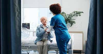 Buy stock photo Empathy, hospital and nurse with senior woman for healthcare support, help or discussion. Nursing, holding hands and medical worker with elderly female patient for compassion in treatment at clinic.