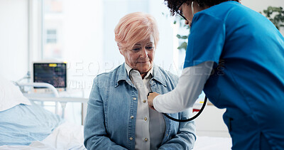 Buy stock photo Heart, doctor or senior woman in hospital, checkup or cardiology with wellness. Consultation, old patient or medical service with professional, lung disease or healthcare with appointment in clinic