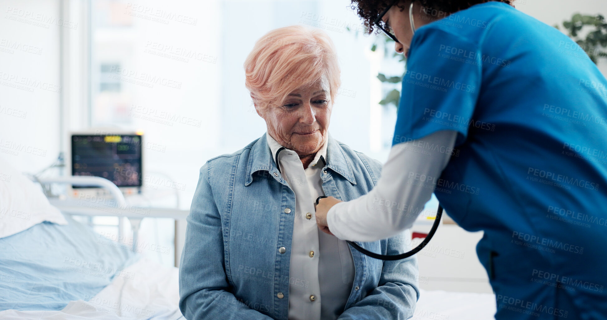 Buy stock photo Heart, doctor or senior woman in hospital, checkup or cardiology with wellness. Consultation, old patient or medical service with professional, lung disease or healthcare with appointment in clinic