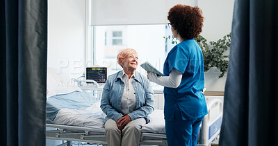 Buy stock photo Consultation, old woman and nurse with tablet in clinic for health results, diagnosis or good news. Healthcare, professional and senior patient on hospital bed for medical checkup and treatment plan