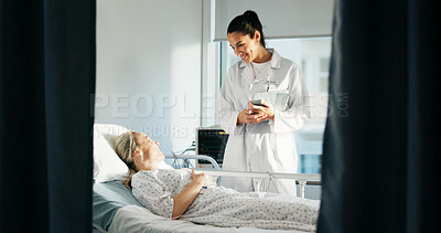 Buy stock photo Happy, doctor and patient in bed for healthcare, recovery and surgery feedback in consultation. Woman, specialist or talking in hospital for treatment advice, technology or smile for friendly service