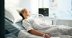 Sad, thinking and bed with woman in hospital for healing, healthcare and icu recovery. Surgery rehabilitation, vision and medical results with person in clinic for emergency care and treatment