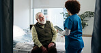 Consultation, hospital and nurse with senior man for healthcare support, help or discussion. Tablet, checkup and medical worker with elderly male patient for diagnosis and treatment plan in clinic.