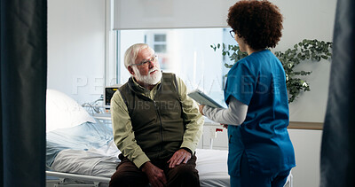 Buy stock photo Consultation, hospital and nurse with senior man for healthcare support, help or discussion. Tablet, checkup and medical worker with elderly male patient for diagnosis and treatment plan in clinic.