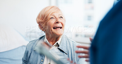 Buy stock photo Consultation, senior woman and nurse in hospital for medical results, diagnosis and good news. Healthcare, elderly patient and professional in clinic for health checkup, treatment plan and discussion