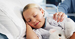 Girl, sleeping and parent in hospital with child, comfort and rest with mother and healthcare. Family, patient and kid with mama, teddy bear and support for wellness, pediatrics and relaxing with nap
