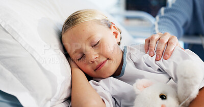Buy stock photo Girl, sleeping and parent in hospital with child, comfort and rest with mother and healthcare. Family, patient and kid with mama, teddy bear and support for wellness, pediatrics and relaxing with nap