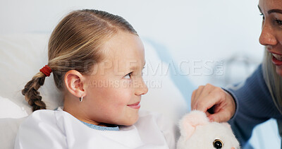 Buy stock photo Healthcare, woman or child in bed with teddy bear, support or care for patient in recovery. Smile, mother and daughter in hospital for treatment, surgery preparation or parent comforting with plushie