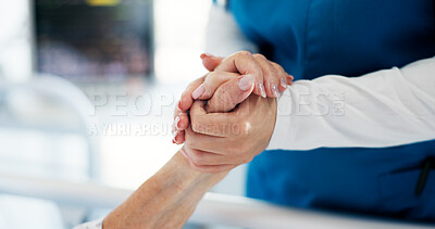 Buy stock photo Holding hands, caregiver and ill patient on bed in hospital for healthcare service, support and trust. Chronic disease, nurse or person with sickness at clinic for help, empathy or comfort in ward