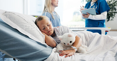 Buy stock photo Healthcare, child patient and sleeping in hospital bed for pediatric recovery, illness and healing. People, doctor and speaking to mother at clinic for kid health update, medication fatigue and rest