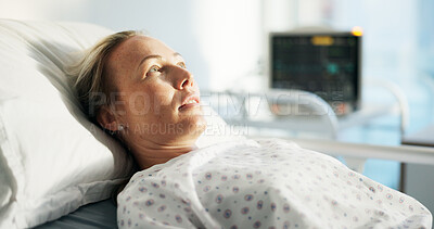 Buy stock photo Thinking, healthcare and bed with woman in hospital for healing, reflection and icu recovery. Surgery rehabilitation, vision and medical results with person in clinic for emergency care and treatment