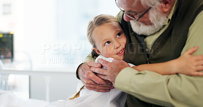 Buy stock photo Girl, grandfather and hug on bed, hospital and smile for support, bonding or visit for recovery. People, senior man and child with embrace, healing and rehabilitation for wellness at pediatric clinic