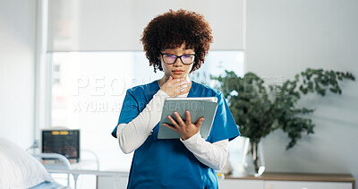 Buy stock photo Healthcare, thinking and woman in clinic, tablet and decision with wellness, internet and solution. Person, medical service and professional in hospital, tech and digital app with schedule and choice