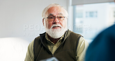 Buy stock photo Senior man, healthcare and consulting nurse for treatment, disease diagnosis or results in clinic. Medical work, elderly patient or talk for advice, wellness or help for healing illness in retirement