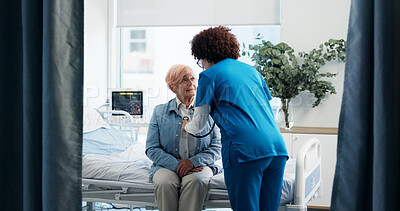 Buy stock photo Talking, doctor or old woman in hospital, healthcare or cardiology with lung disease. Checkup, mature patient and medical service with professional, diagnosis and listening to heartbeat in clinic